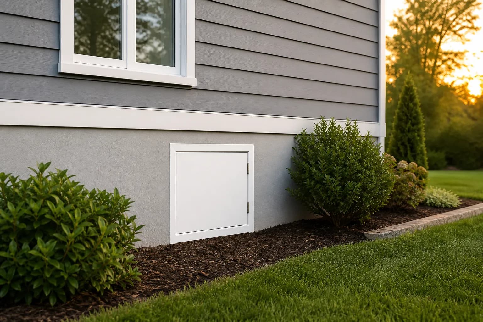 Completed white crawl space door install